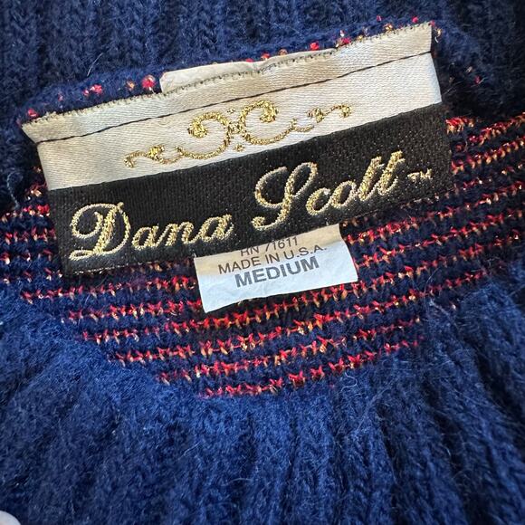 Vintage Dana Scott Christmas Sweater Blue Red And Copper Color Flowers and Bows - Picture 4 of 8